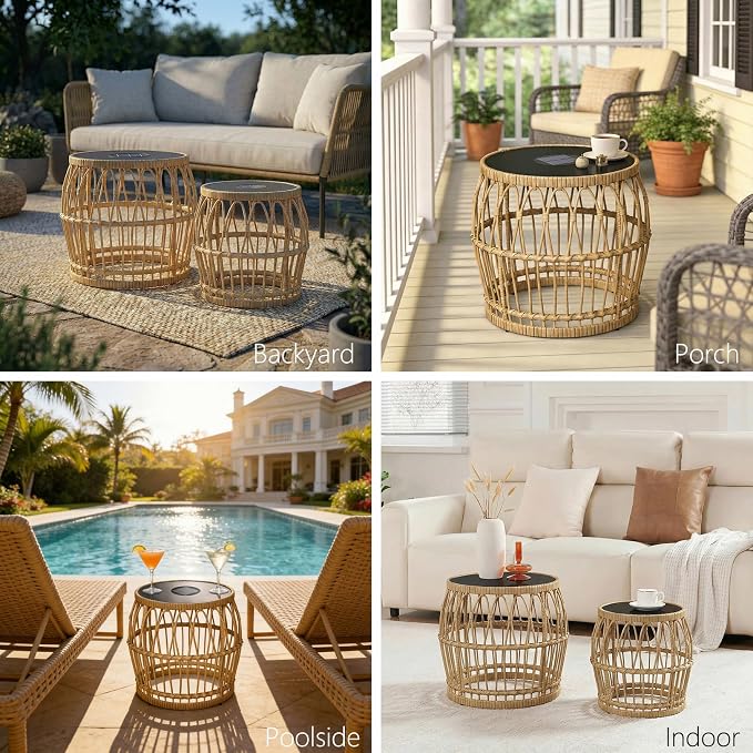 Solar Outdoor Side Table Set of 2, Boho Nesting Tables with Integrated Lighting, Round Rattan Coffee Tables for Patio, Balcony, Poolside & Porch