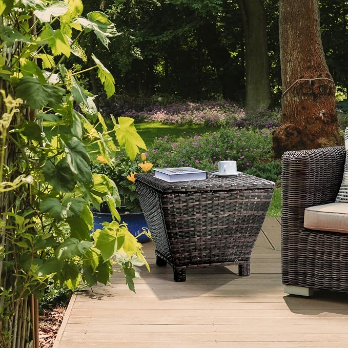 20in Outdoor PE Wicker Side Table,Trapezoidal Patio Rattan End Table,Outside Storage Bin Container,All-Weather Small Storage Box Tables,with Lid,for Garden Porch Poolside Deck Backyard (Brown)