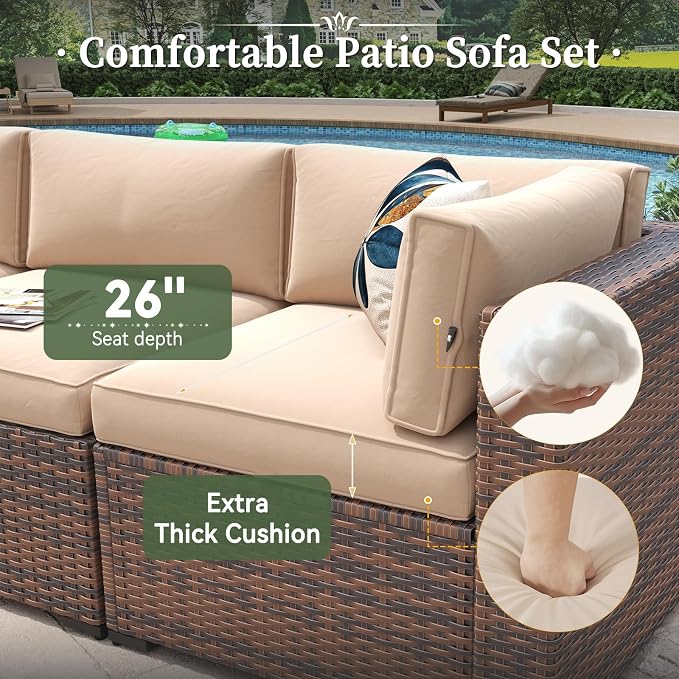 Aoxun 8 Piece Patio Furniture Set with 44” Fire Pit Table Wicker Rattan Outdoor Sectional Sofa Set with Coffee Table and Thickened Cushions, Beige