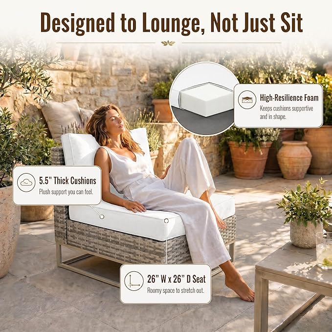 12-Piece Outdoor Patio Furniture Set, Gray PE Wicker Outdoor Sectional Sofa with Storage Armrests & 5.5" Thick Cushions, L-Shaped Couch for Deck, Porch, Backyard, Ivory White