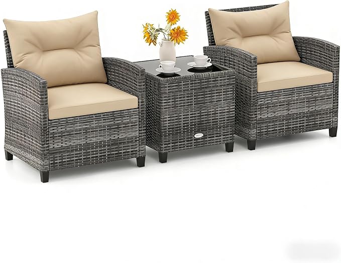 ORALNER 3 Pieces Patio Furniture, Outdoor Wicker Conversation Set Chairs with Soft Cushions and Glass Coffee Table, Mix Gray Rattan Bistro Set for Balcony Garden Deck Front Porch Poolside (Beige)