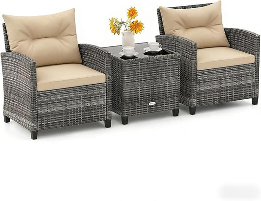 ORALNER 3 Pieces Patio Furniture, Outdoor Wicker Conversation Set Chairs with Soft Cushions and Glass Coffee Table, Mix Gray Rattan Bistro Set for Balcony Garden Deck Front Porch Poolside (Beige)