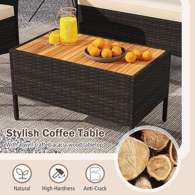 Tangkula 4 Pieces Patio Wicker Sofa Set, 2 Rattan Chairs & Loveseat w/Coffee Table, Acacia Wood Armrests & Tabletop, Outdoor Cushioned Conversation Set for Backyard, Poolside (Beige, 4 Pieces)