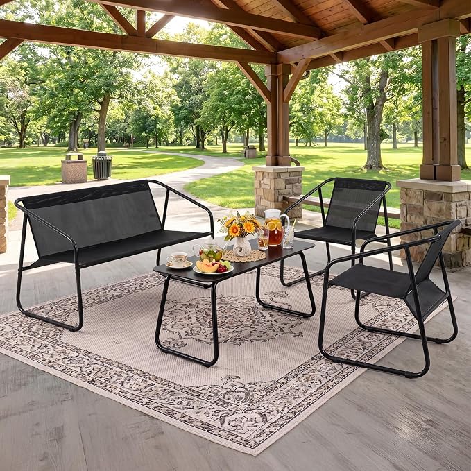 DUMOS 4 Piece Patio Furniture Set，Outdoor Patio Furniture Set with Table, patios Table and Chairs Sets, Sectional Bistro Sets for Lawn, Garden, Balcony, Pool, Poolside