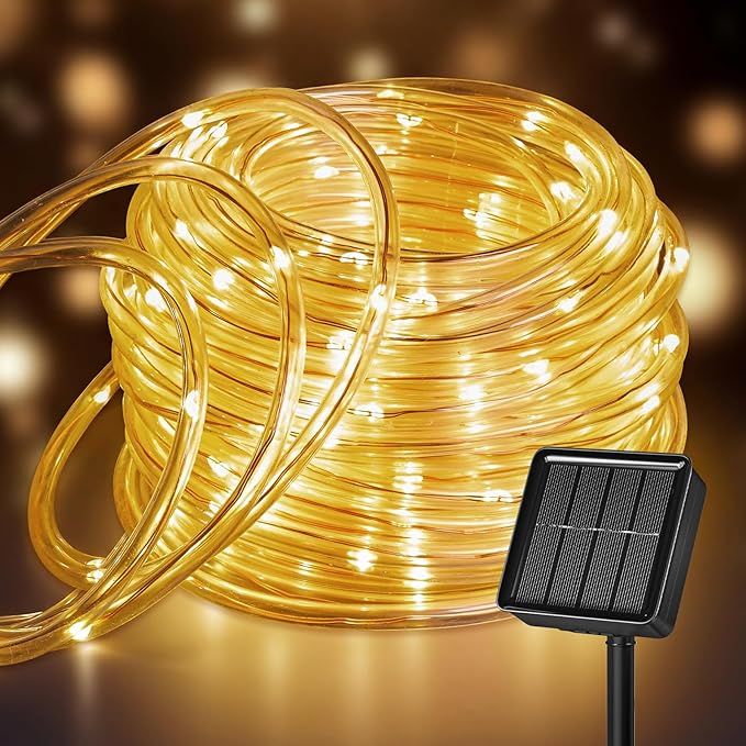 Brightown 39FT 100LED Warm White Solar Rope Lights Waterproof | IP65 waterproof solar fairy lights with 8 lighting modes, solar powered, perfect decor for yard, garden and outdoor tree