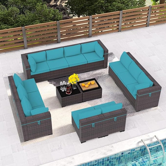 Outdoor Patio Furniture Set 14 Pieces with PE Wicker Sectional Sofa, Modular Conversation Seating, Coffee Table, Seat Clips, All Weather Outdoor Patio Sectional Set for Backyard, Deck, Garden(Blue)