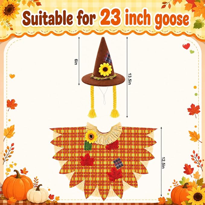 DECOHS 2 Pcs/Set Scarecrow Porch Goose Outfits, Fall Thanksgiving Lawn Goose Statue Scarecrow Costume, Garden Goose Scarecrows Clothes Hat for 23" Statue Autumn Halloween Outdoor Patio Yard Decoration
