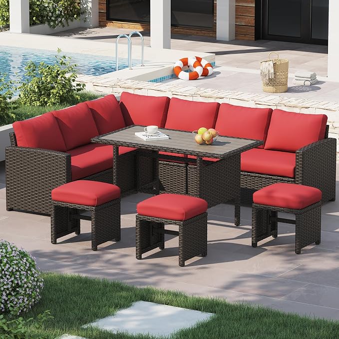U-MAX 7 Pieces Patio Furniture Set with Waterproof Cover, Outdoor Sectional Sofa Conversation Set, All Weather Wicker Rattan Dining Table & Chair with Ottoman, Brown Rattan&Red Cushion