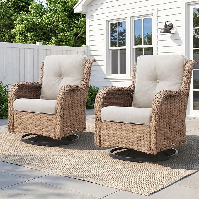 Belord Outdoor Swivel Chairs Set of 2,Patio Wicker Rocker Chairs,All Weather Patio Conversation Furniture Set, Ideal for Porch Balcony Deck Yard, Yellow Wicker/Beige