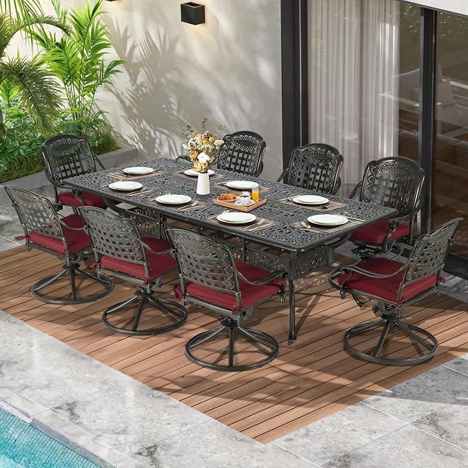 MEETWARM 9-Piece Outdoor Patio Dining Set, All Weather Cast Aluminum Patio Funiture Table and Chairs Set- 94.5” Rectangular Table and 8 Cushioned Swivel Rocker Chairs, Umbrella Hole, Chili Red