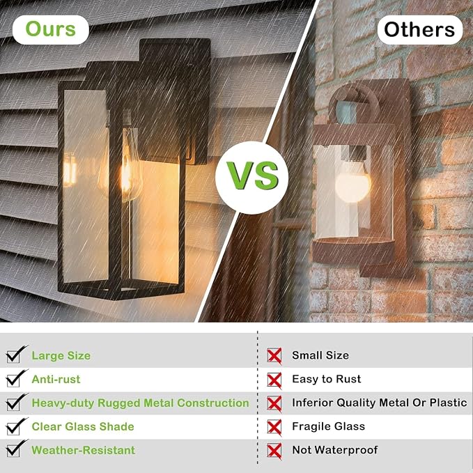 hykolity Large Size Outdoor Wall Lights,16 Inch Wall Lantern | Waterproof Exterior Wall Sconce, Anti-Rust Wall Mounted Lighting with Glass Shade, Lamp with E26 Socket for Porch, 2 Pack