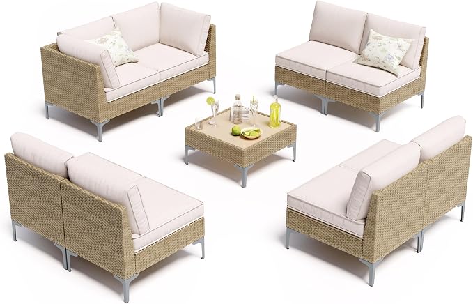 9 Piece Patio Furniture Set, Wicker Modular Outdoor Furniture with Thicker Cushions, Outdoor Couch Sofa for Garden, Poolside, Backyard, Beige