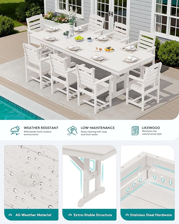 SERWALL 10 Piece Outdoor Dining Set with 15ft Triple-Head Foldable Umbrella(Based not Included), 84" HDPE Outdoor Table and Chairs for 8, White