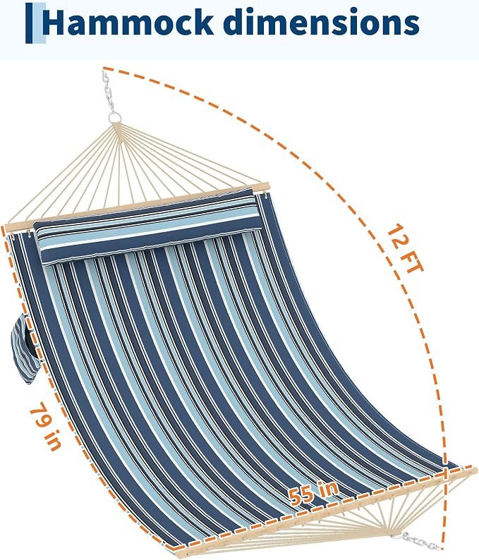 Double Quilted Hammock for 2 Adults – 350cm Large Outdoor Patio Swing Bed with Hardwood Spreader Bars, Detachable Pillow, 450lbs Capacity, Weather-Resistant, Ideal for Garden, Backyard