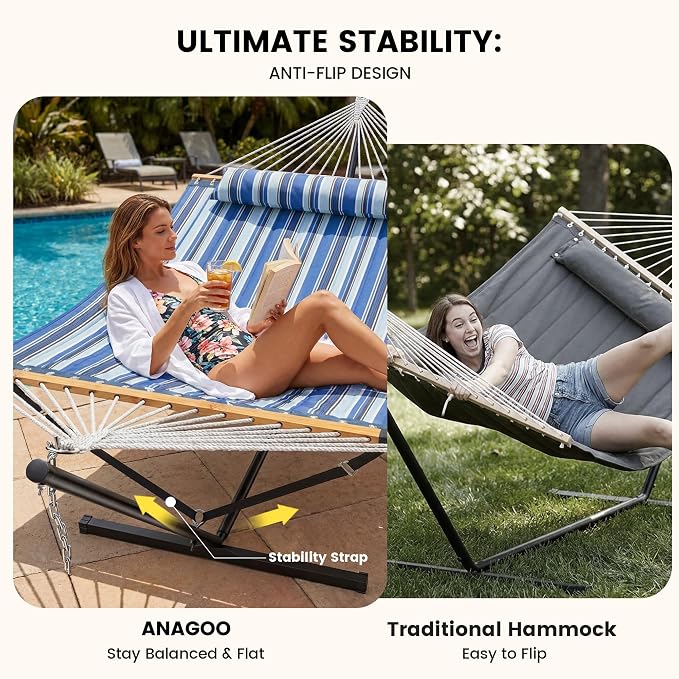 ANAGOO Double Hammock with Stand, Heavy Duty Outdoor Hammock for Two, 500 LBS Capacity, Stable Steel Frame with Balance Strap, Easy Tool-Free Assembly for Patio, Garden, Backyard & Beach,Blue