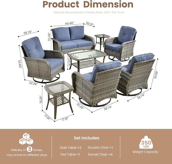 8 Piece Wicker Patio Furniture Set with Swivel Chairs, Denim Blue | 4 Swivel Rocker Chairs, High Back Loveseat Sofa, Coffee Table, Rattan Outdoor Conversation Set, Porch Deck Backyard Poolside