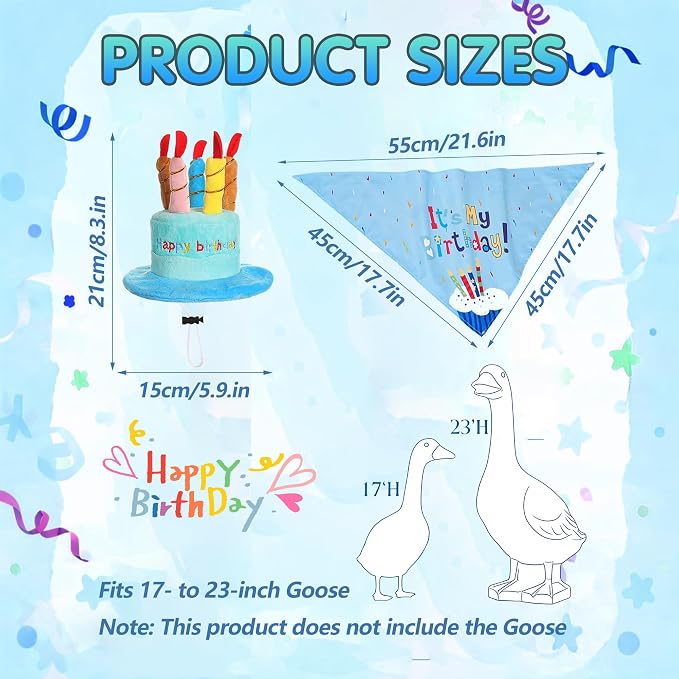 Happy Birthday Goose Outfit Porch Goose Outfits with Happy Birthday Cake Hat and Bandana Yard Geese Outfits for 23" 17" Cement/Plastic Porch Goose Outdoor Statue Patio Yard Lawn Art (Blue)