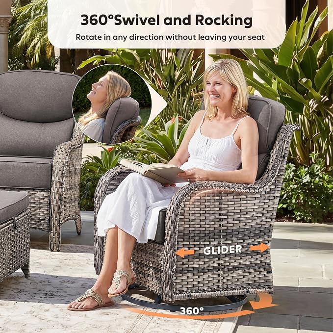 Rilyson Wicker Outdoor Swivel Rocker Chairs - All Weather Resistant Wicker Patio Furniture Set of 2 with High Back and 6 inch Thick Cushions for Deck Porch Yard and Poolside, Mixed Grey/Grey