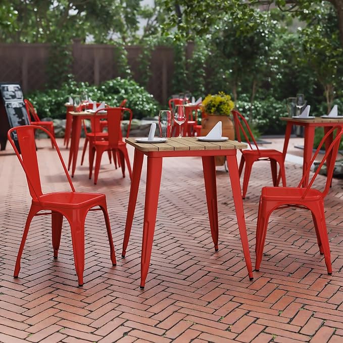 Flash Furniture Declan Commercial Outdoor Dining Table, All Weather Poly Resin Top with Steel Base, 23.75" Square, Brown/Red