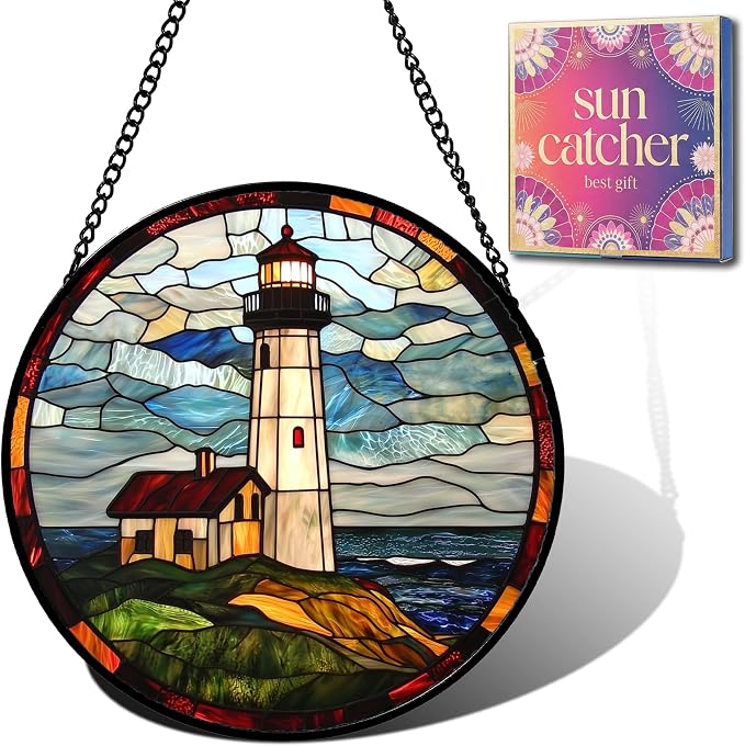 Birthday Gifts for Women - Ocean Lighthouse Faux Stained Glass Window Hanging Sun Catcher for Door Garden Acrylic Decor Mother's Day Christmas for Mom Men Nana Grandma Sisters Dad 7.8"