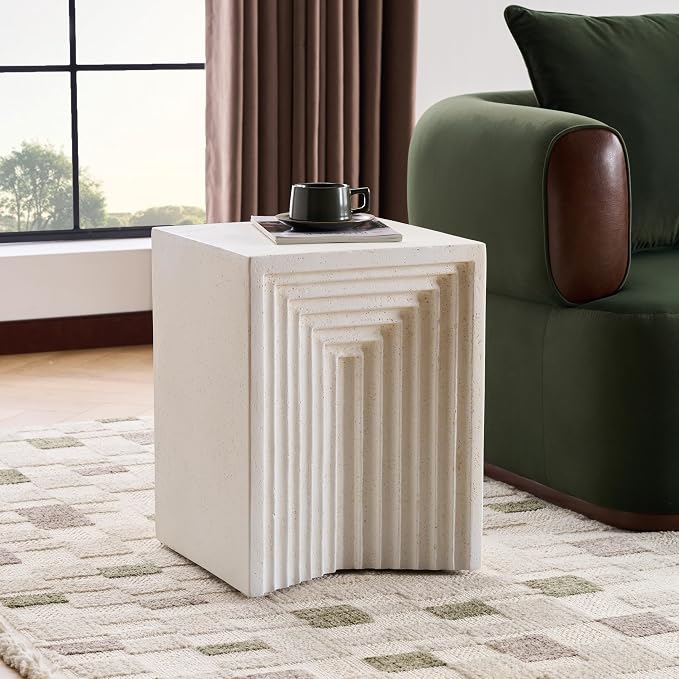 Christopher Knight Home Arcrest Outdoor Geometric Side Table, Lightweight Concrete End Table, Accent Table with Textured Cube Design, Decorative Small Coffee Desk for Living Room Patio Balcony, White