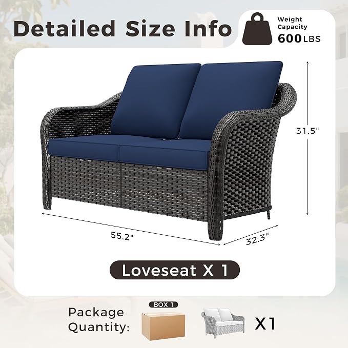 55" Outdoor Loveseat Wicker 2-seat Sofa with Removable Cushions, Conversation Patio Furniture, PE Rattan Couch, Steel Frame Couch with Cushions for Backyard, Deck (Navy Blue)