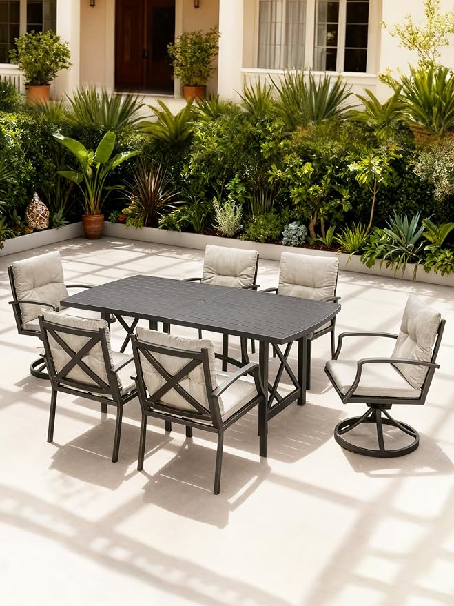 7 Pieces Outdoor Dining Set for 6, Never Rusts Aluminum Patio Dining Set with 2 Swivel Rocker Chairs, Patio Table and Chairs Set, Outdoor Furniture Set for Deck, Garden, Lawn, Gunmetal