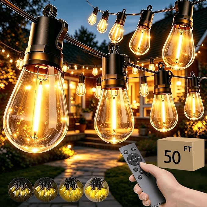 Outdoor Patio String Lights: S14 Shatterproof Bulb Outside Waterproof Light - 50FT 15M Remote Dimmable Connectable Hanging Outdoor Electric Lighting - Garden Backyard Yard Gazebo Porch Party