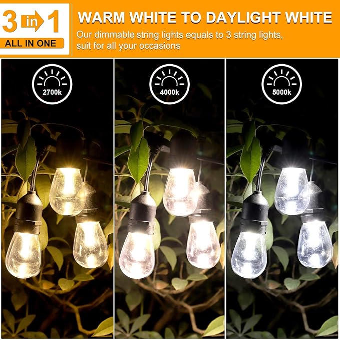 3 Color Outdoor LED Dimmable String Lights with Remote 48FT, Black | Plug in, Jump/Fade/Static Modes, 2700K/4000K/5000K, 15 S14 Bulbs, Shatterproof, Waterproof, Linkable, Backyard Patio Decor