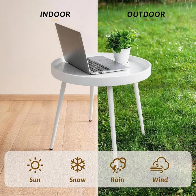 Small Round Side Table - Outdoor Indoor Metal Side Table with Anti-Fall Fence - Small Coffee Drink End Tables for Patio, Living Room Bedroom Porch -White