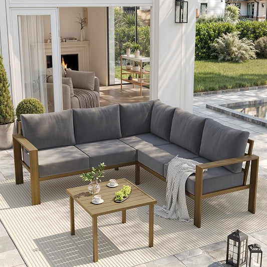 UDPATIO 6 Piece Patio Furniture Set, Metal Outdoor Sectional Sofa with 6" Thick Olefin Cushions, Wide Armrest & Coffee Table, L Shaped Outdoor Furniture for Garden, Backyard, Faux Wood Grain & Grey