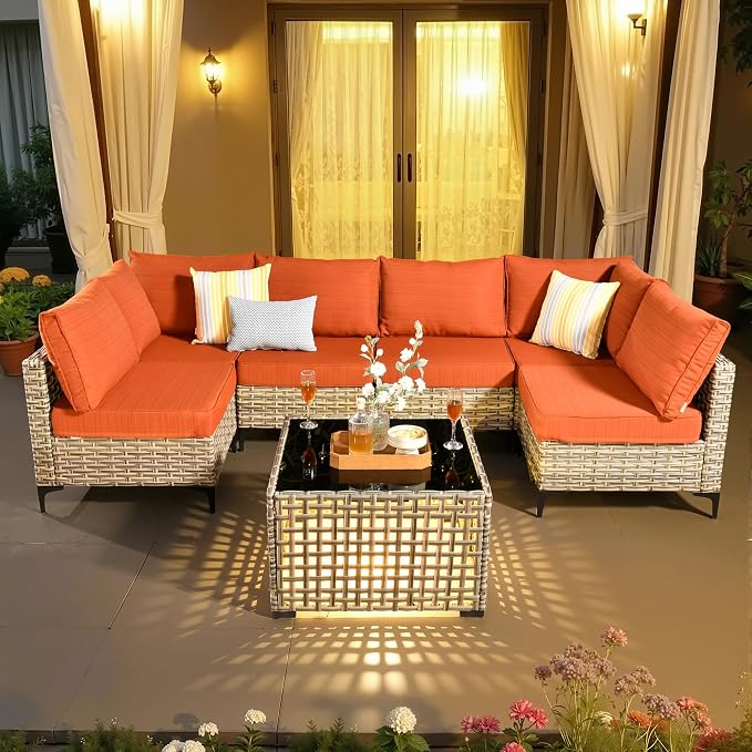 7 Pieces Patio Sectional Furniture Set, Outdoor Wicker Sectional Couch with Solar Lights Table, Modern Conversation Set for Porch Balcony Backyard, Orange