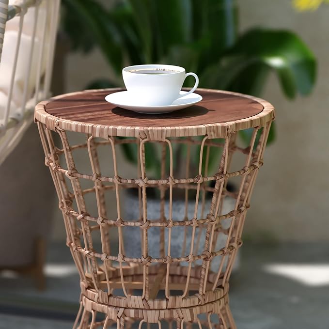EMMA + OLIVER Ari Indoor/Outdoor Patio Table - Natural Finish Faux Rattan Rope - Acacia Wood Top - Powder Coated Steel Frame - 200 lb. Static Weight Capacity