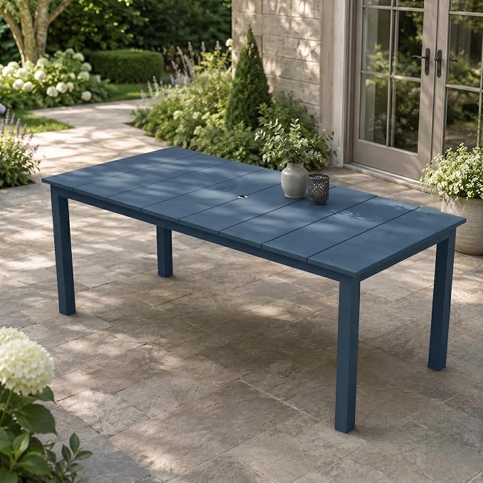 75.2" HDPE Outdoor Dining Table for 4-6 People, Rectangular Patio Dining Table with Umbrella Hole, All Weather Patio Dining Outdoor Table for Deck, Backyard and Garden, Navy Blue