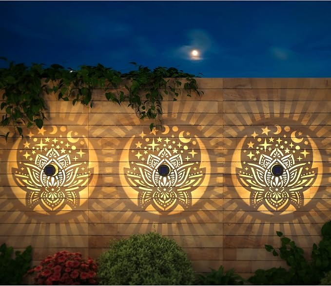 gardencave 4 Pack Solar Fence Lights Metal Solar Powered Outdoor Wall Deck Lights Lotus Theme Waterproof Fence Light for Garden Post Patio Backyard Yard Decor (Lotus, 4 Pack)