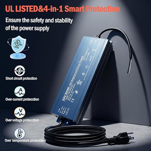 24V 300W UL Listed LED Power Supply with 3.28ft US Standard Plug Wire | Waterproof IP67 Low Voltage Transformer, 100V-130V AC to 24V DC Converter, for DC24V LED Lighting Products