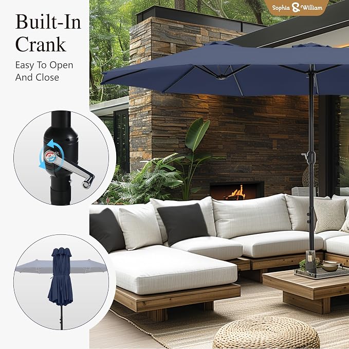 Sophia & William 7pc Patio Dining Set with Navy Umbrella, 6 Rattan Chairs | 6 Cushioned rattan chairs + 1 metal table with umbrella. Perfect for backyard, deck, porch. Durable all-weather frame.