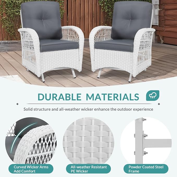 MEETWARM Patio Wicker Rocking Glider Set, All-Weather Outdoor Rattan Patio Rocking Chairs of 2, Patio Conversation Set with Thickened Cushions for Garden Porch & Backyard, White Wicker/Grey