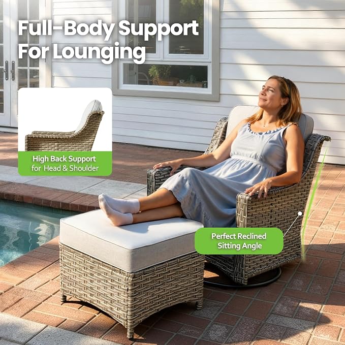 3 Piece Patio Furniture Set, Outdoor High Back Swivel Rocker Chairs Set of 2 with Side Table, All Weather Wicker Glider Chair with Thick Cushions for Backyard Balcony Porch, Grey