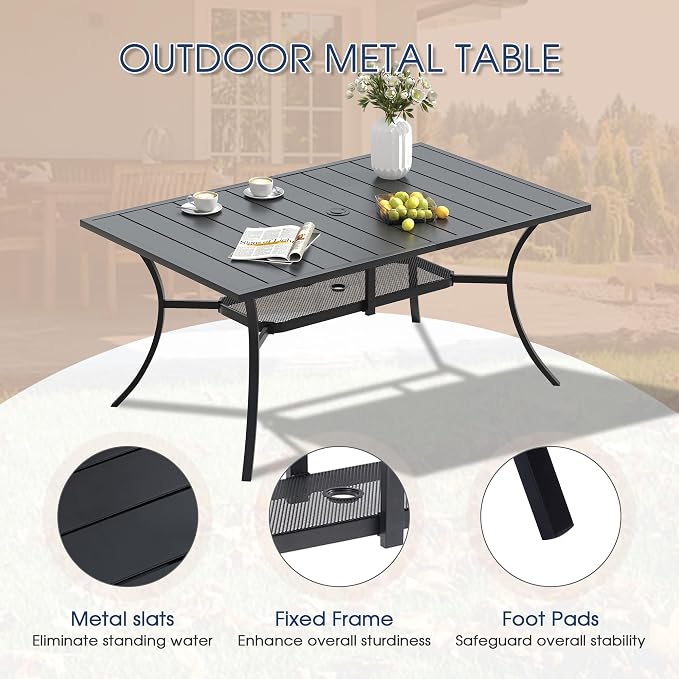 VICLLAX Metal Patio Table for 6, Outdoor Dining Table with Umbrella Hole for Garden Lawn Deck Backyard, Black