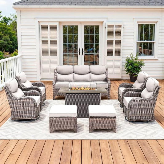 Luxury Patio Furniture Set with 42.5" Fire Pit Table, 8 Pieces High Back All Weather Wicker Outdoor Furniture w/ 6-Inch Thick Cushions, Patio Swivel Chairs Couch for Deck Balcony Backyard Brown/Beige