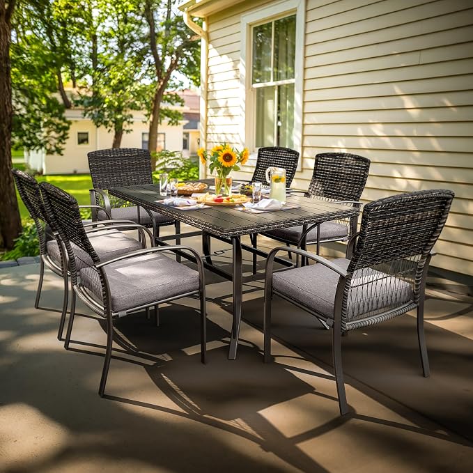 Pamapic 7-Piece Outdoor Dining Set, Grey Wicker Patio Furniture with Removable Cushions & Iron Slat Table, All-Weather Garden/Deck/Backyard Furniture Set (Grey)
