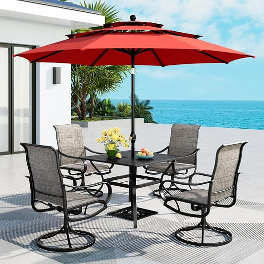 MFSTUDIO Patio Dining Set for 4, Outdoor Furniture Set with Orange Red Umbrella (Base not Included), Square Metal Table and 4 Swivel Chairs for Patio, Deck, Backyard, Garden