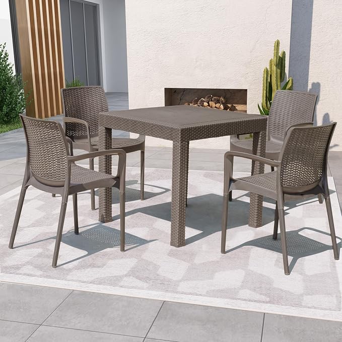 DIMAR GARDEN 5 Piece Patio Dinning Chairs Set, 31.5" Square Table with Umbrella Hole, Resin Dining Chairs with High Back and Armrest, Flax Gray