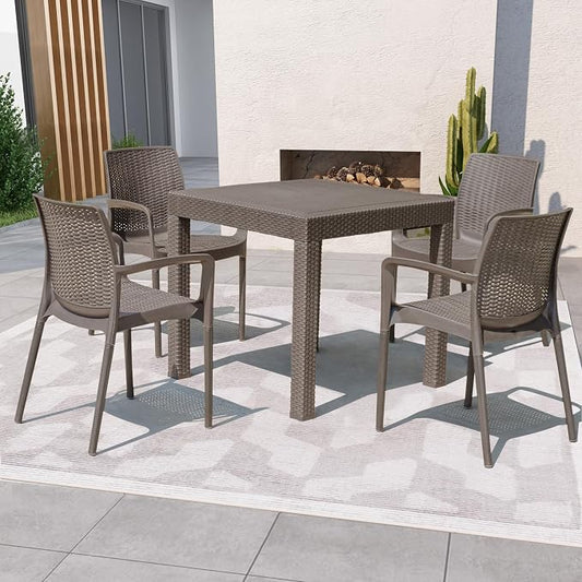 DIMAR GARDEN 5 Piece Patio Dinning Chairs Set, 31.5" Square Table with Umbrella Hole, Resin Dining Chairs with High Back and Armrest, Flax Gray