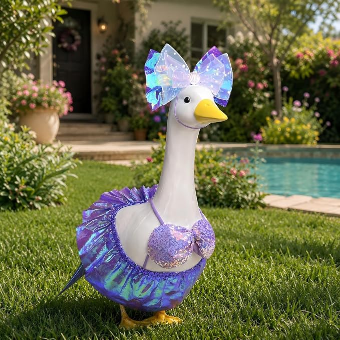 Lawn Goose Outfit Bikini Costume Set, Summer Porch Goose Outfit With Headband Sequin Top Ruffle Skirt Clothes, Fits Standard 23 Inch Porch Goose Statue, Outdoor Garden Yard Decor (Iridescent Purple)