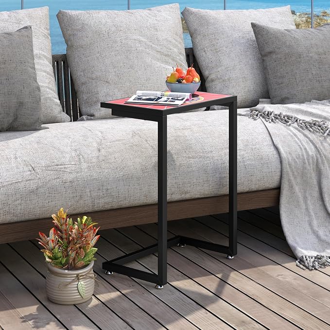 Giantex Mosaic C-Shaped Outdoor Side Table with Sturdy Metal Frame and Adjustable Foot Pads, 110 Lbs Capacity, Patio End Table for Sofa Side, Living Room, Bedroom, Outside (2)