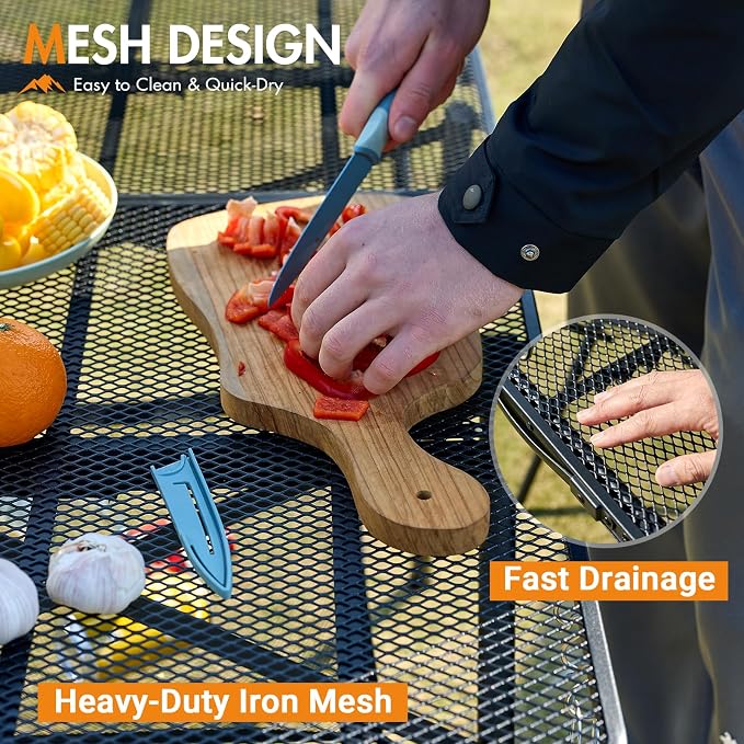 Portal Iron Mesh Folding Grill Table with 2 Adjustable Heights(15" & 29"), Heavy Duty Metal Camp Table, Heat-Resistant Tabletop for BBQ & Outdoor Cooking, One-Piece Folding Design, Dark Gray
