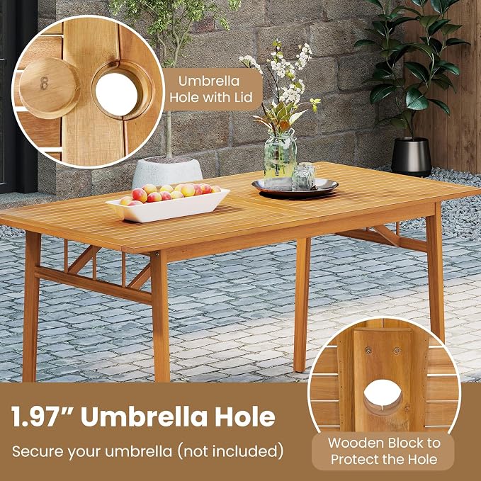 Tangkula 6 Pieces Patio Acacia Wood Dining Set, Outdoor Rectangular Table with 1.97” Umbrella Hole, Bench and Cushioned Chairs for 6, for Deck, Yard and Poolside