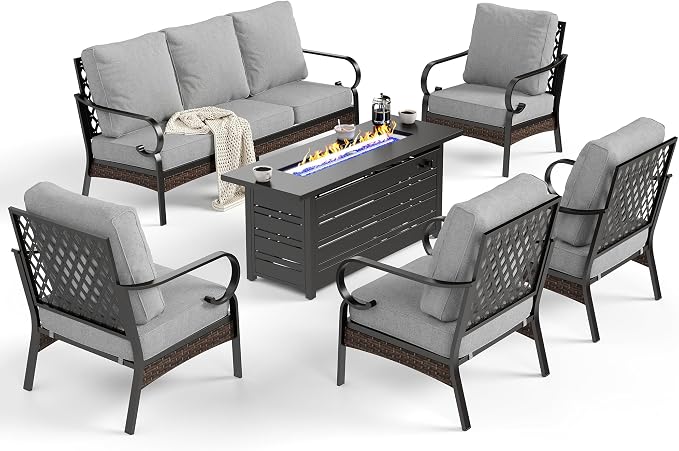 SUNSHINE VALLEY 6 Piece Black Metal Outdoor Patio Furniture Sets with Firepit Table, Patio Conversation Sets 1 3-Seater Sofa, 4 Single Sofa with 5.75" Cushion Backyard Furniture for Deck, Light Gray
